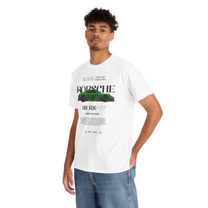 Luxury Porsche 911 RS men's t-shirt featuring a striking graphic design of a green sports car, complemented by bold text showcasing '911 RS RANK' and 'DRIFTING CLUB', ideal for performance and style enthusiasts.