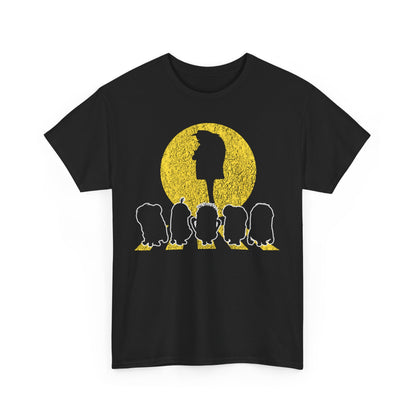 Stylish Gru and the Minions Unisex Men's Women's Graphic T Shirt Tee displaying an eye-catching silhouette of Gru with minions set against a bright yellow circle. Ideal for anyone wanting to add a funny touch to their wardrobe, this T Shirt highlights the charm of the Minions.
