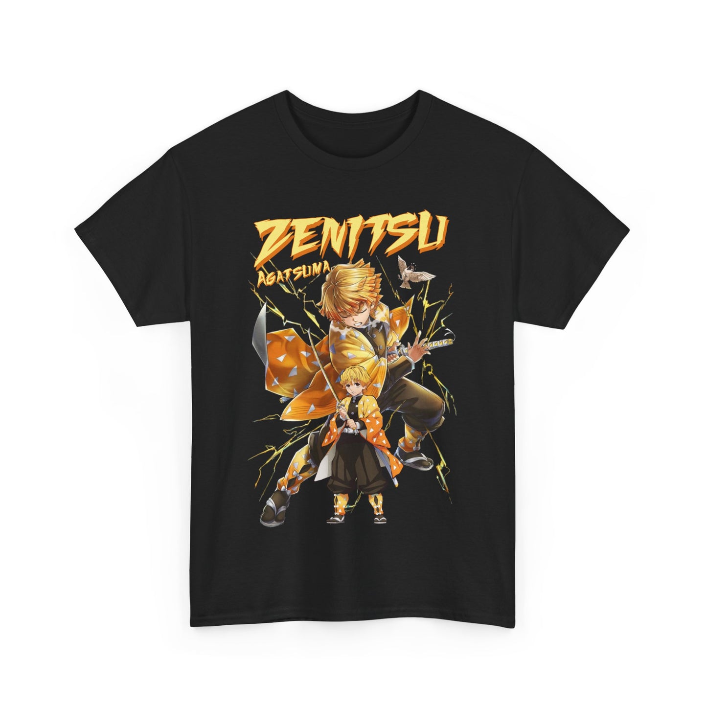 Stylish Zenitsu Agatsuma t-shirt featuring vibrant artwork in a dynamic pose, perfect for anime enthusiasts.