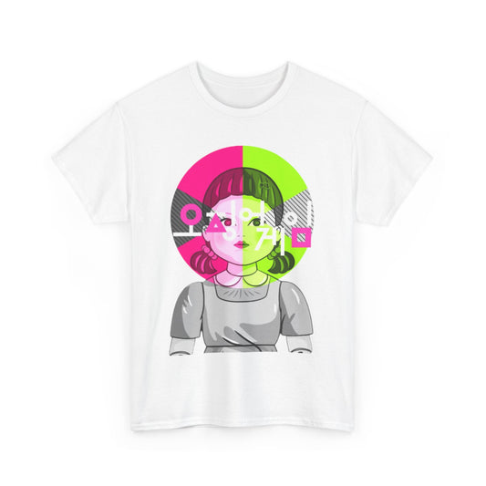 Sophisticated Squid Game unisex T-shirt showcasing a striking design of a girl in vivid hues, perfect for making a stylish impact while expressing individuality.