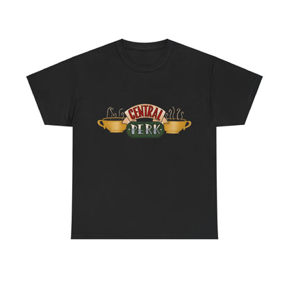 Central Perk Coffee Shop Friends Retro Logo Graphic Tee Unisex in black, featuring the iconic Central Perk logo with coffee cups and steam, perfect for showcasing your love for the beloved sitcom.