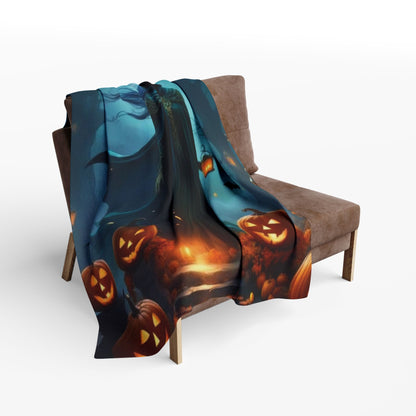 The Decorative and Warm Halloween Spooky Arctic Fleece Blanket elegantly placed over a luxurious armchair, displaying vibrant Halloween motifs with a ghostly figure and pumpkins, creating a quintessential seasonal atmosphere.
