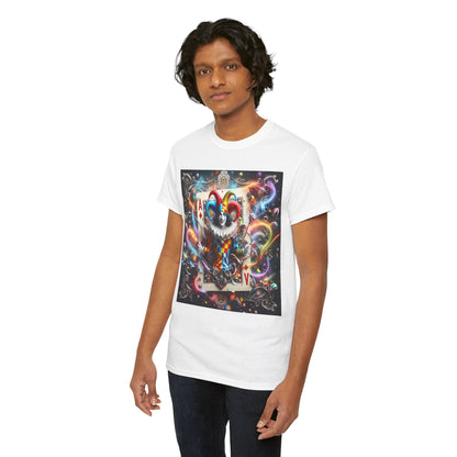 Front view of the Harlequin Playing Card Graphic Tee for Unisex, showcasing a vibrant playing card graphic against a chic white background, perfect for streetwear enthusiasts.