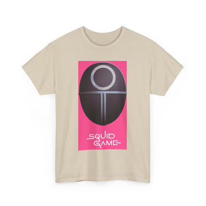 Elegant Squid Game Unisex Men's Women's Graphic Cotton T Shirt showcasing a striking game mask illustration, ideal for contemporary urban attire in a neutral beige shade.