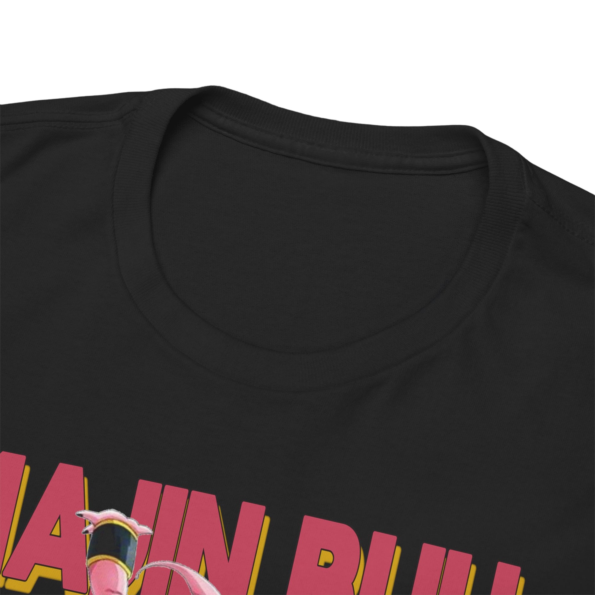 Luxurious close-up of the neckline of a high-quality Majin Buu T-shirt, showcasing premium soft cotton fabric and stylish black colour.