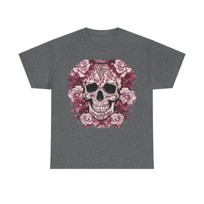 Sophisticated Skulls and Roses Cotton Tee in dark grey adorned with an intricate skull and rose graphic, perfect for alternative fashion enthusiasts.
