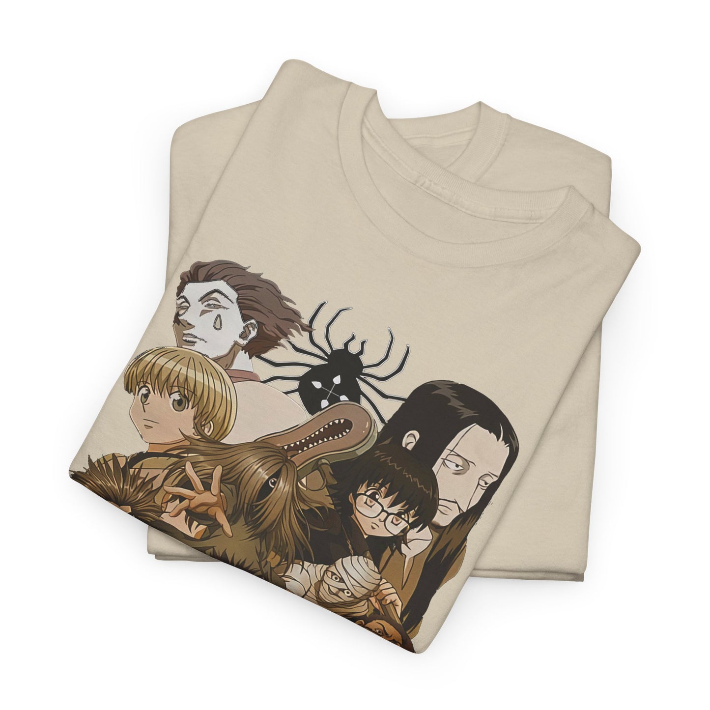 Luxurious fold of the Phantom Troupe graphic T-shirt revealing stunning artwork of beloved anime characters, perfect for collectors and fashion-savvy individuals.