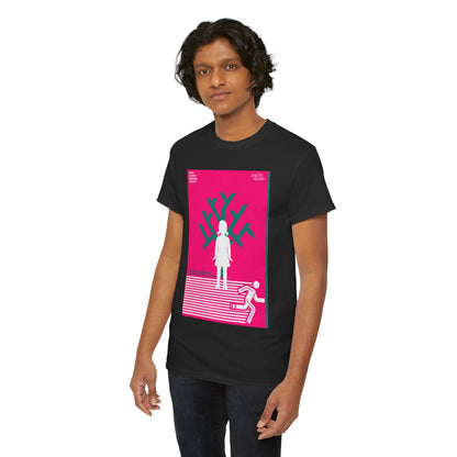 Stylish individual wearing a black Squid Game t-shirt, prominently displaying vivid graphic design. Ideal for sophisticated casual wear.