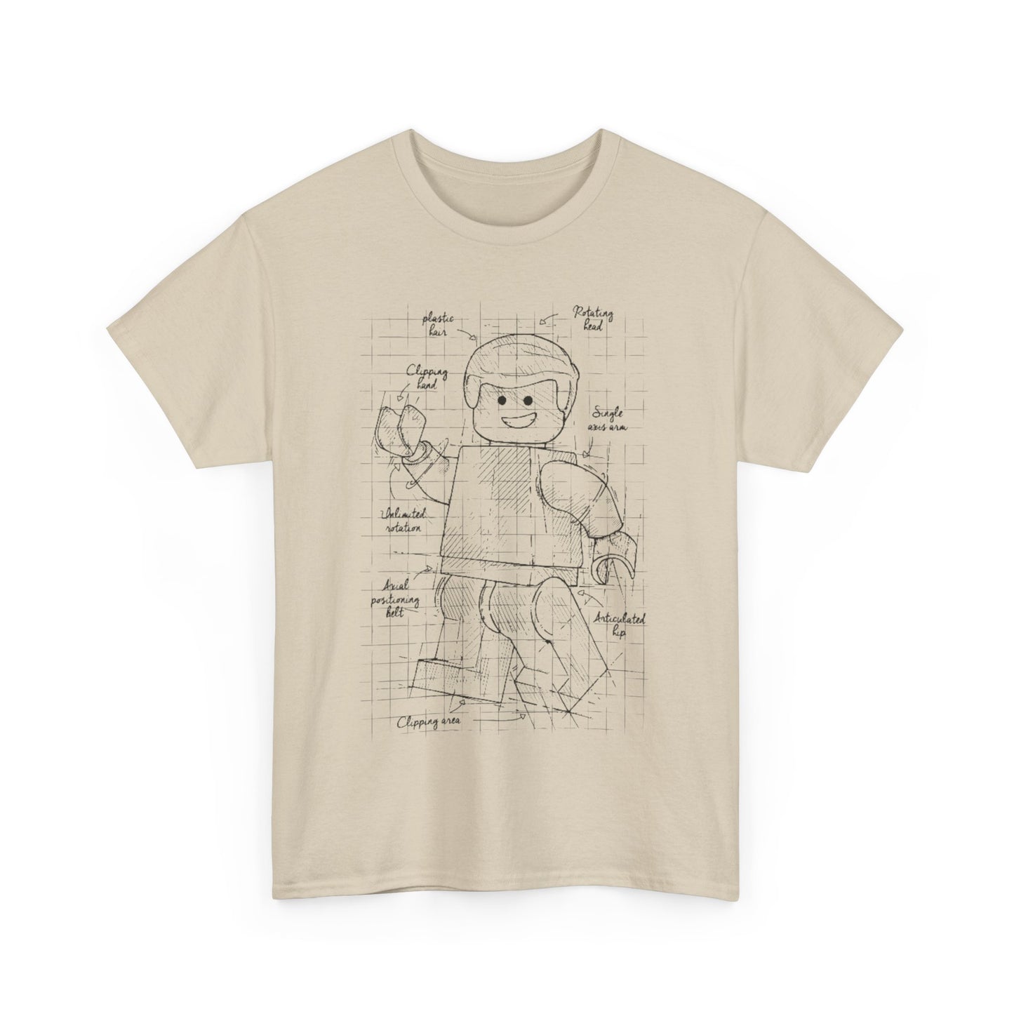 Luxurious men's t-shirt featuring a creative blueprint design of an articulated Lego figure sketch on a soft, neutral fabric, perfect for design enthusiasts.