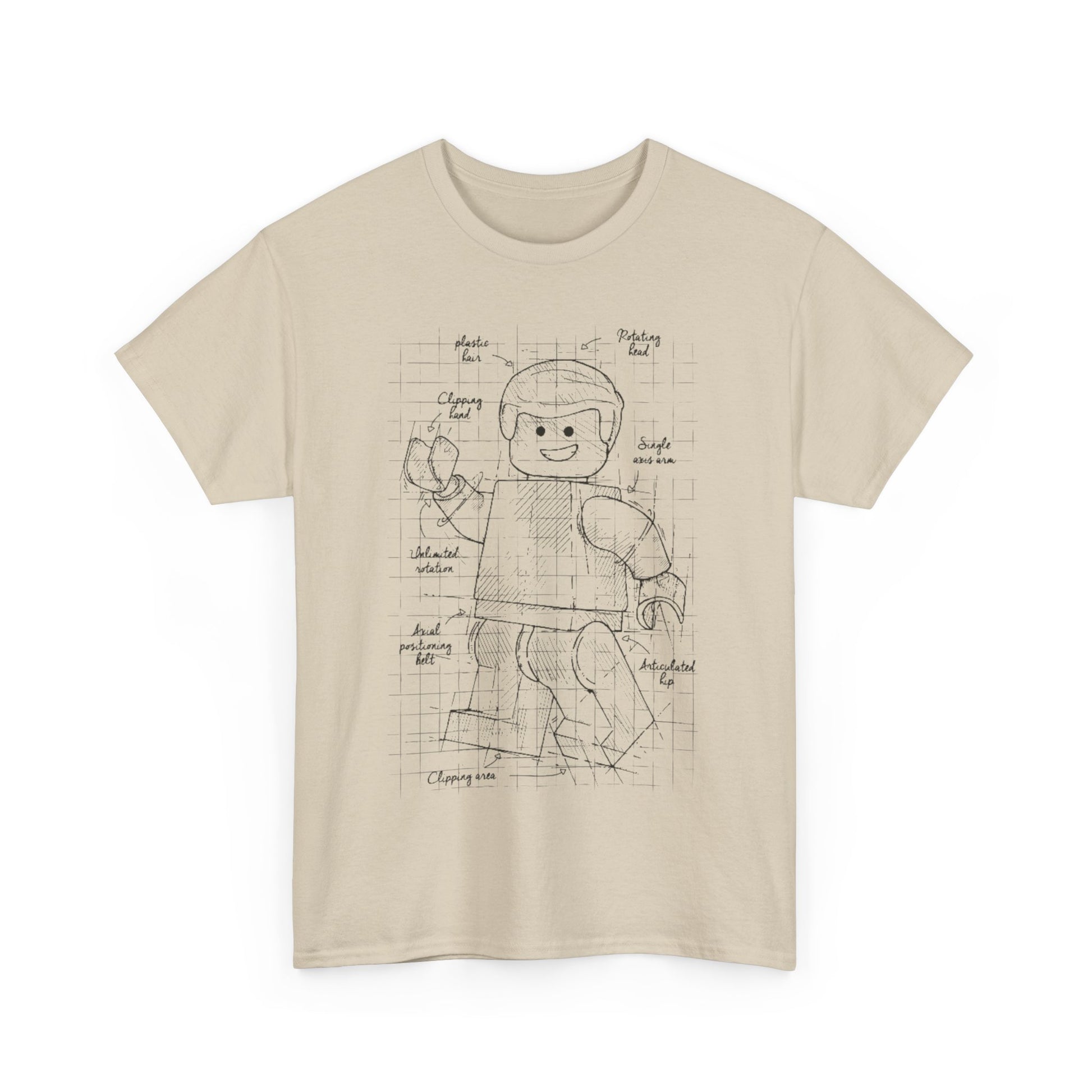 Luxurious men's t-shirt featuring a creative blueprint design of an articulated Lego figure sketch on a soft, neutral fabric, perfect for design enthusiasts.