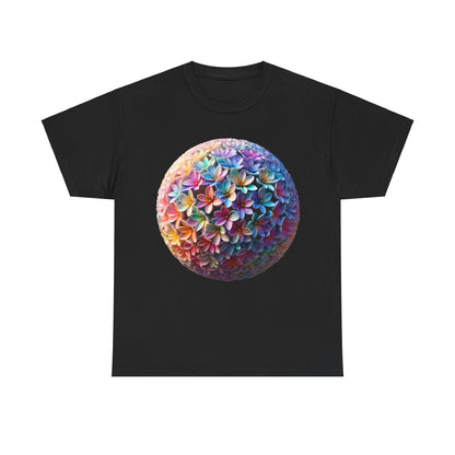 Iridescent Floral Sphere Unisex Cotton Tee Graphic T Shirt featuring a stunning floral design in iridescent colours on a black background, perfect for adding a touch of luxury to any wardrobe.