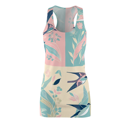 Elegant Emilia Rosseau Racerback Dress by Dazzling Dreams Studio featuring a pastel bird pattern, ideal for sophisticated outdoor occasions.