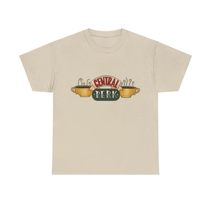 Central Perk Coffee Shop Friends Retro Logo Graphic Tee Unisex in beige, showcasing the iconic Central Perk logo with stylish coffee cups.