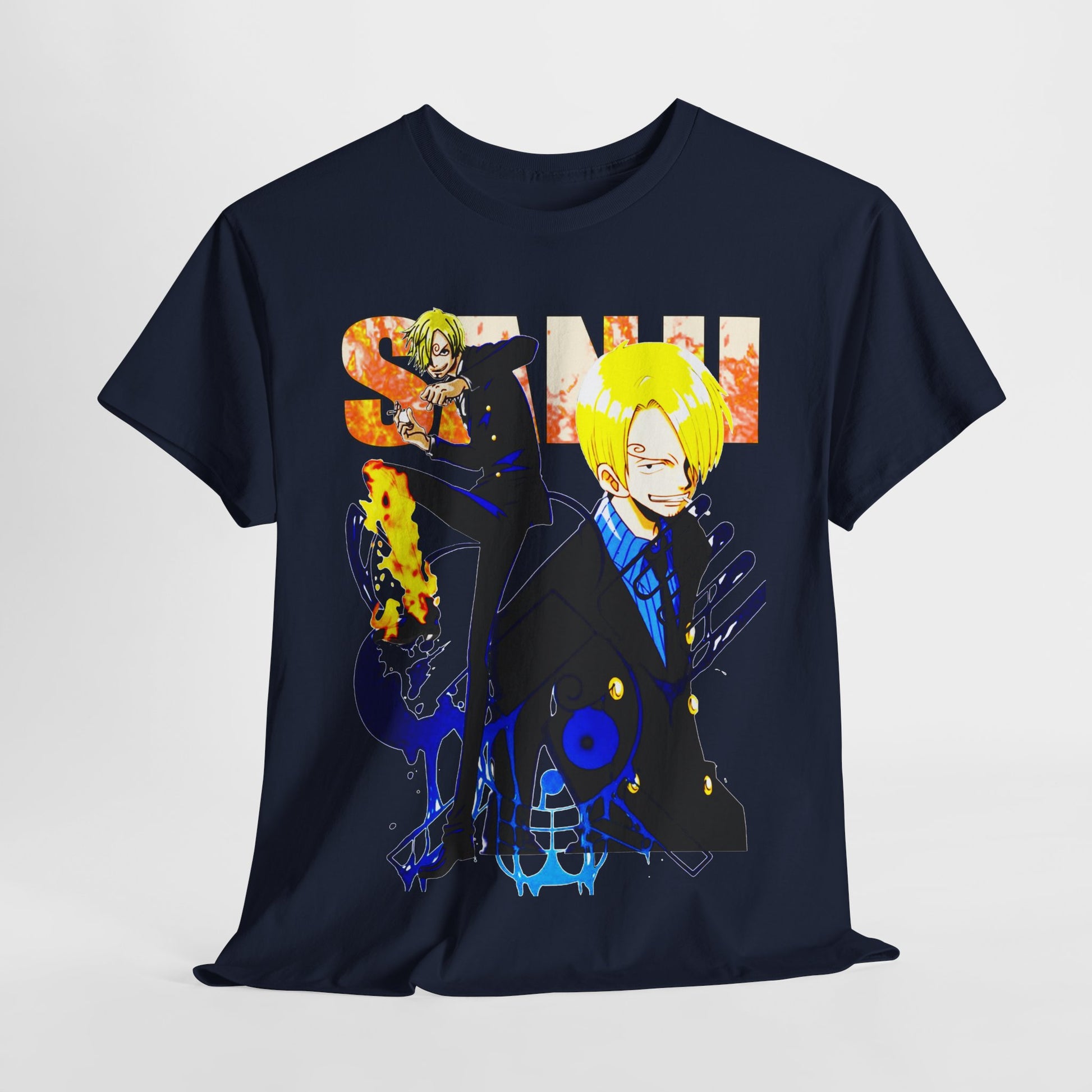 Elegant navy tee showcasing stunning artwork of a striking anime character, perfect for showcasing personal style and a love for anime culture with a contemporary flair.