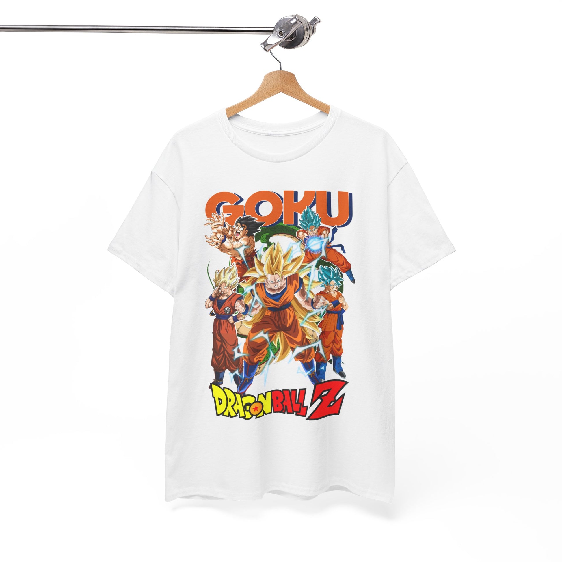 Elegant hanging GOKU Power Surge T-Shirt, highlighting an artistic Dragon Ball Z graphic of multiple Gokus, perfect for anime enthusiasts.