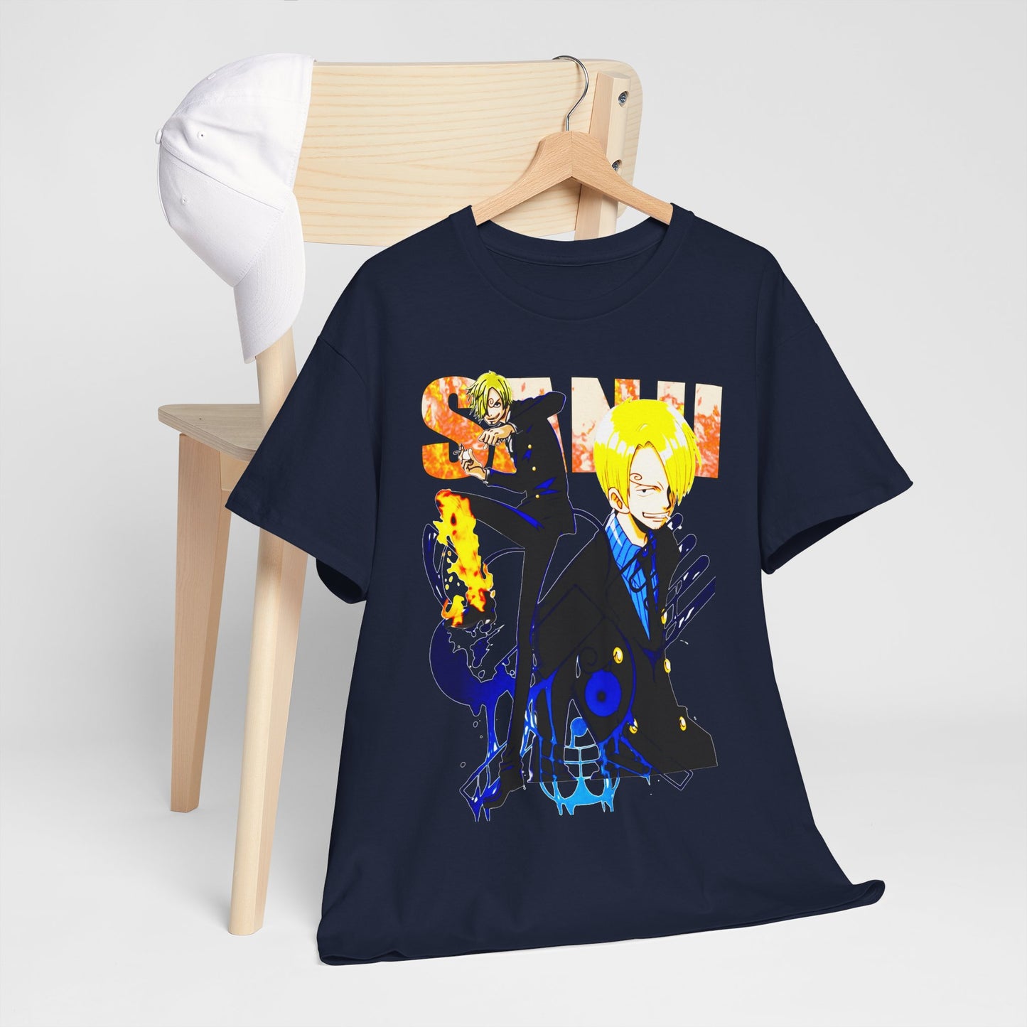 Sophisticated navy t-shirt draped over a chair, accentuated by an eye-catching anime graphic, perfect for expressing individuality and a love for anime in a stylish manner.