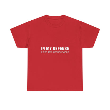 Vibrant Red Urban Graphic T-Shirt adorned with the quote 'In My Defence I Was Left Unsupervised,' ideal for making a stylish statement.