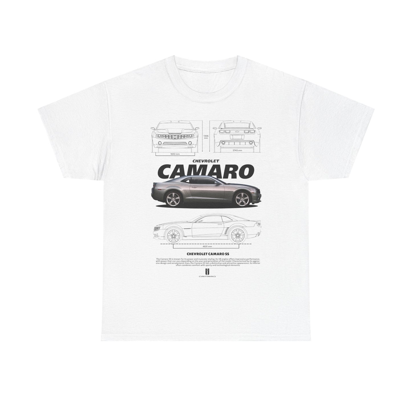 Luxurious white men's t-shirt featuring a detailed Chevrolet Camaro graphic design on the front, showcasing the iconic car from various angles, perfect for car enthusiasts.