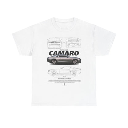 Luxurious white men's t-shirt featuring a detailed Chevrolet Camaro graphic design on the front, showcasing the iconic car from various angles, perfect for car enthusiasts.
