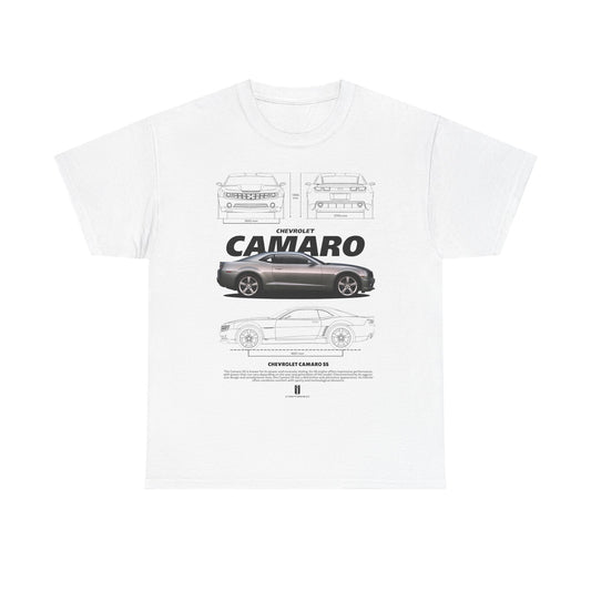 Luxurious white men's t-shirt featuring a detailed Chevrolet Camaro graphic design on the front, showcasing the iconic car from various angles, perfect for car enthusiasts.