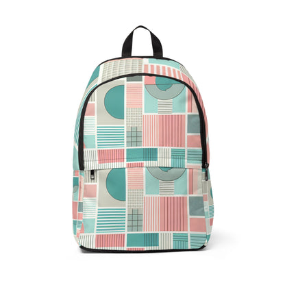 Chic Tranquil Pastel Geometric Backpack by Dazzling Dreams Studio featuring soft pastel colours including rose pink, mint green, and delicate peach.