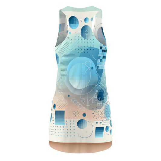 Close-up of the Sebastian Couture Abstract Racerback Dress in Pastel Blues - Showcasing the exquisite abstract patterns and high-quality fabric.