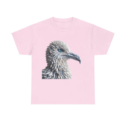 Sculpted Elegance Unisex Cotton Tee featuring intricate origami bird design in pink, elegantly presenting a detailed bird's head illustration with captivating blue eyes.