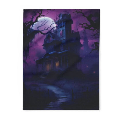 Decorative and Warm Halloween Spooky Arctic Fleece Blanket featuring a hauntingly beautiful vintage mansion illuminated by an eerie moonlight, perfect for adding a touch of luxury to your Halloween decor.