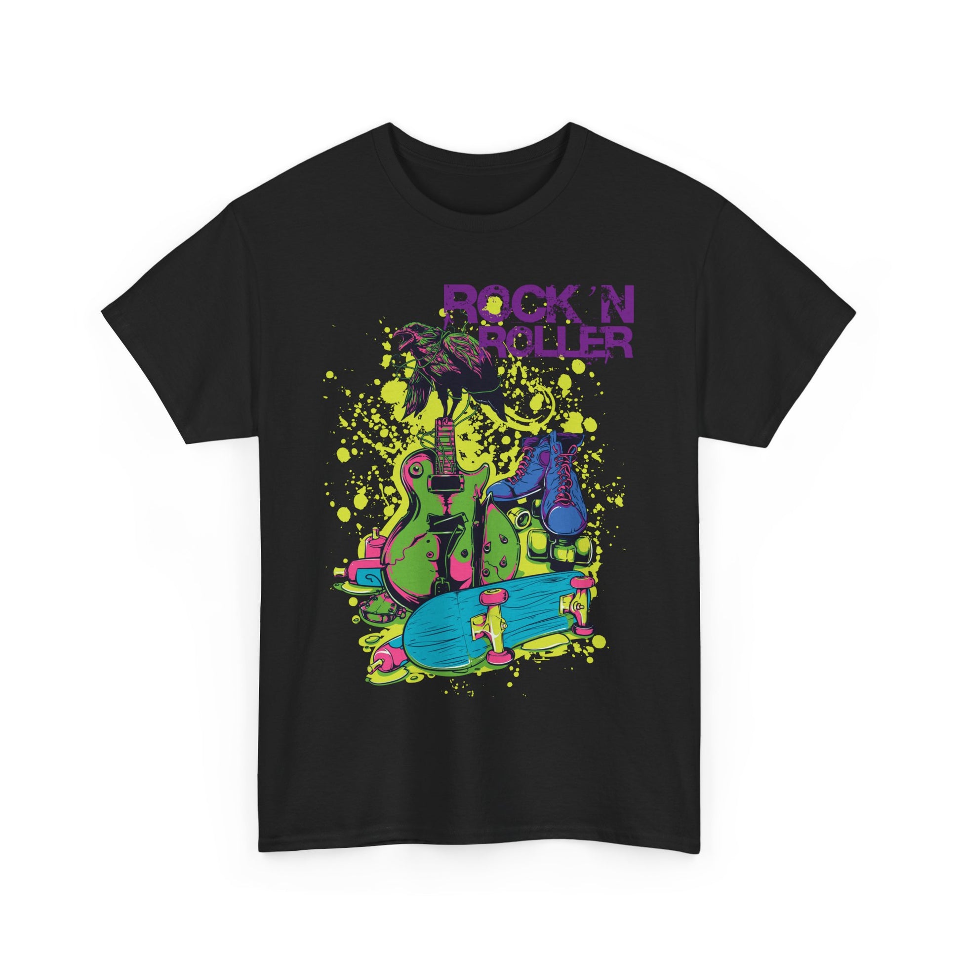 Striking black graphic men’s t-shirt featuring vibrant illustrations of guitars, roller skates, and bold typography, ideal for music enthusiasts.