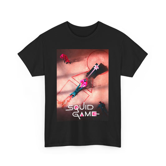 Luxurious Squid Game Unisex T-Shirt presented with a striking visual of the series' hallmark imagery, designed for discerning fans who appreciate bold fashion statements.