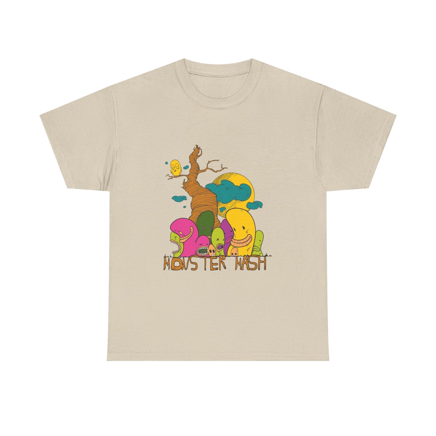Monster Mash T-Shirt in soft beige highlighting a magical tree and colourful creatures, perfect for a stylish yet whimsical wardrobe.