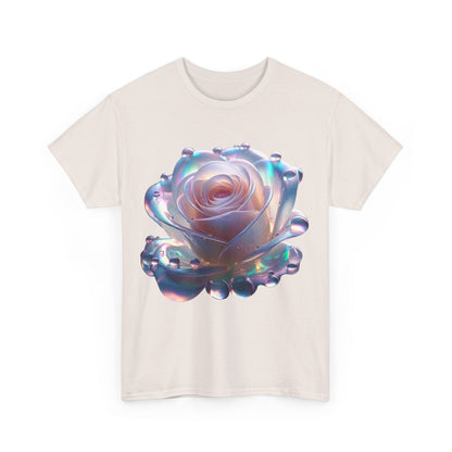 Front view of the Ethereal Rose Tee - Unisex Cotton Graphic T-Shirt featuring an exquisite stylized rose in soft peachy-yellow hues, adorned with delicate water droplets.