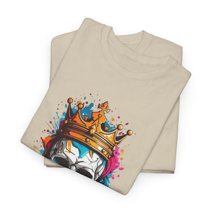 Two beige t-shirts with an eye-catching skull and crown design stacked elegantly. Ideal for showcasing the unique artwork and premium quality of the fabric.