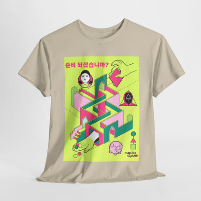 Luxurious Squid Game-inspired graphic tee featuring vibrant neon colours and intricate design. The stylish shirt showcases iconic imagery from the series, making it a distinctive statement piece for fashion-forward individuals.