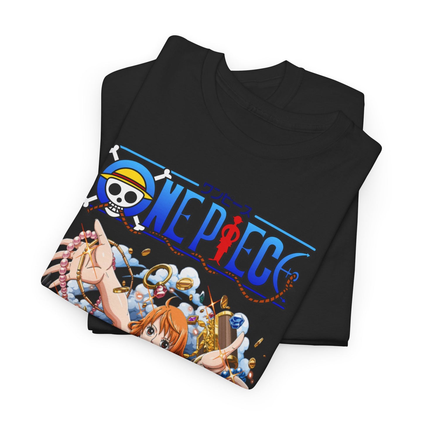 Luxurious black stacked t-shirts featuring Nami from One Piece with treasure motifs, an ideal choice for anime fans seeking high-quality attire.