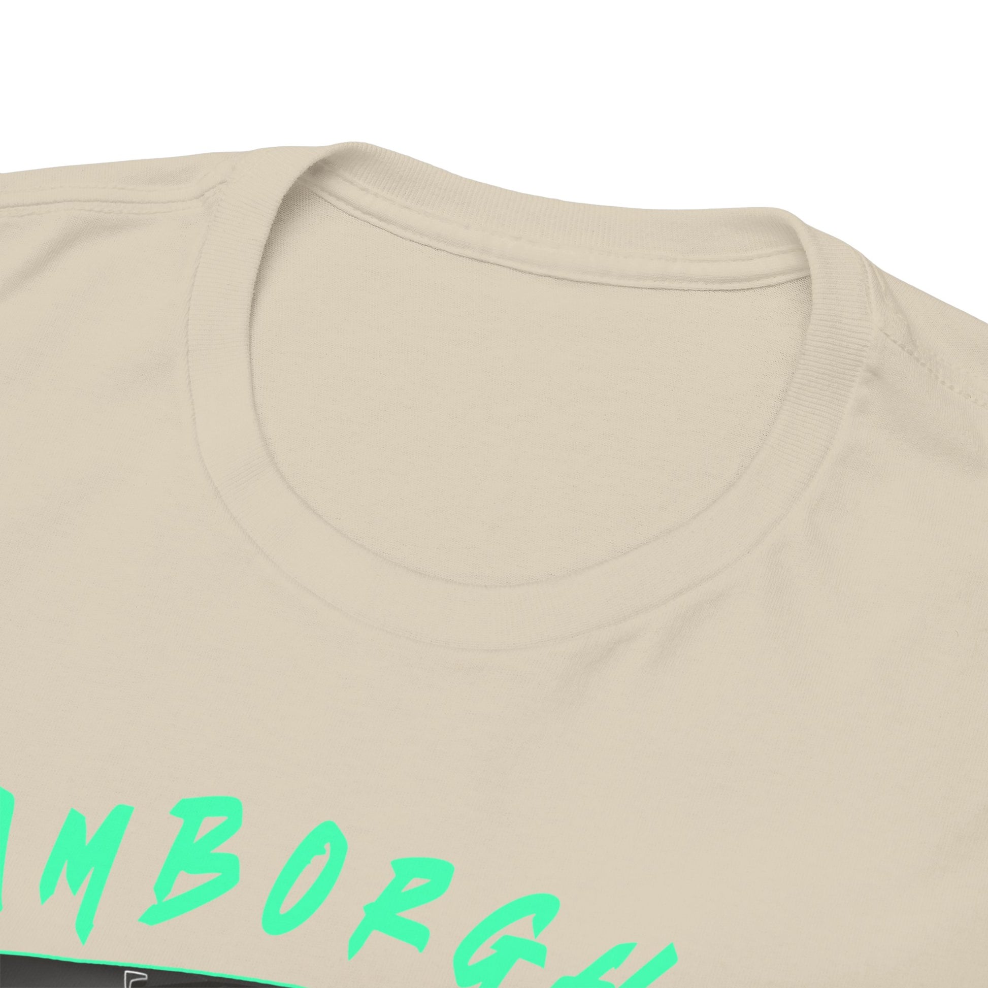 Close-up of the neckline of a luxurious Lamborghini Aventador T-Shirt, highlighting the fine fabric quality and elegant design details.