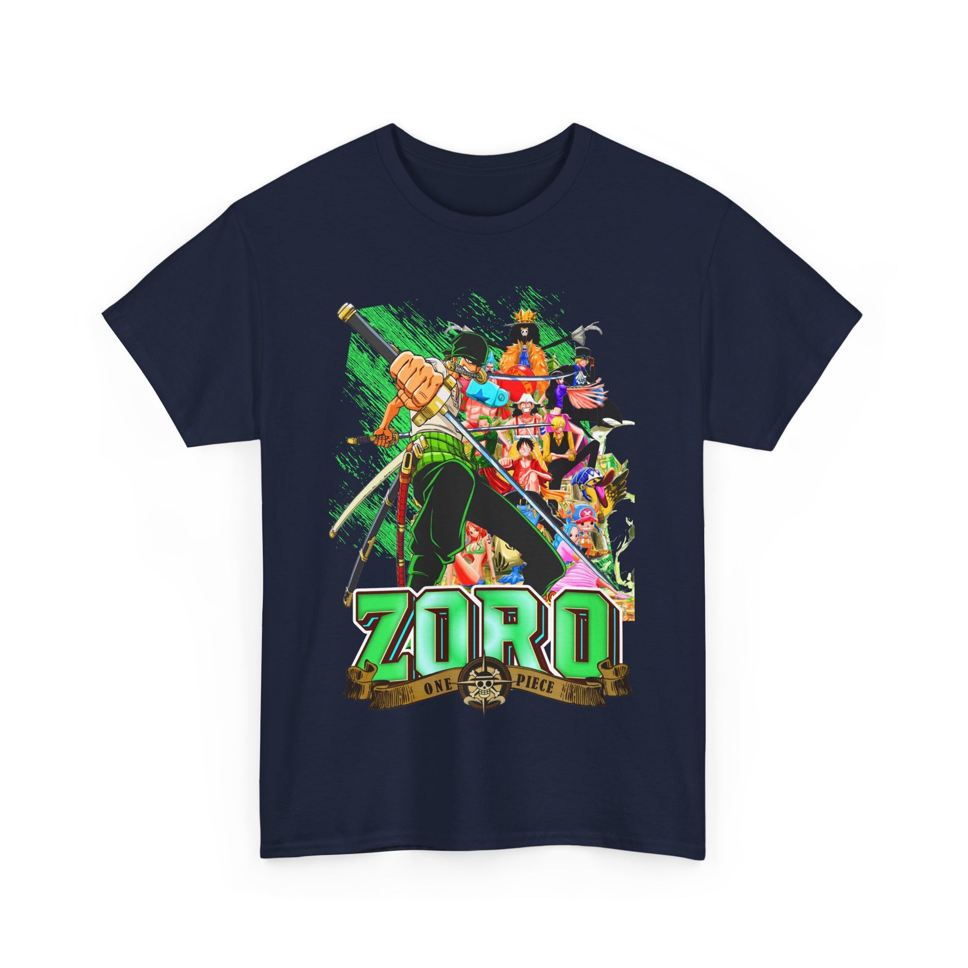 Luxurious T-shirt featuring an eye-catching Zoro graphic in vibrant colours, ideal for fans of One Piece; a statement piece for both casual outings and anime conventions.