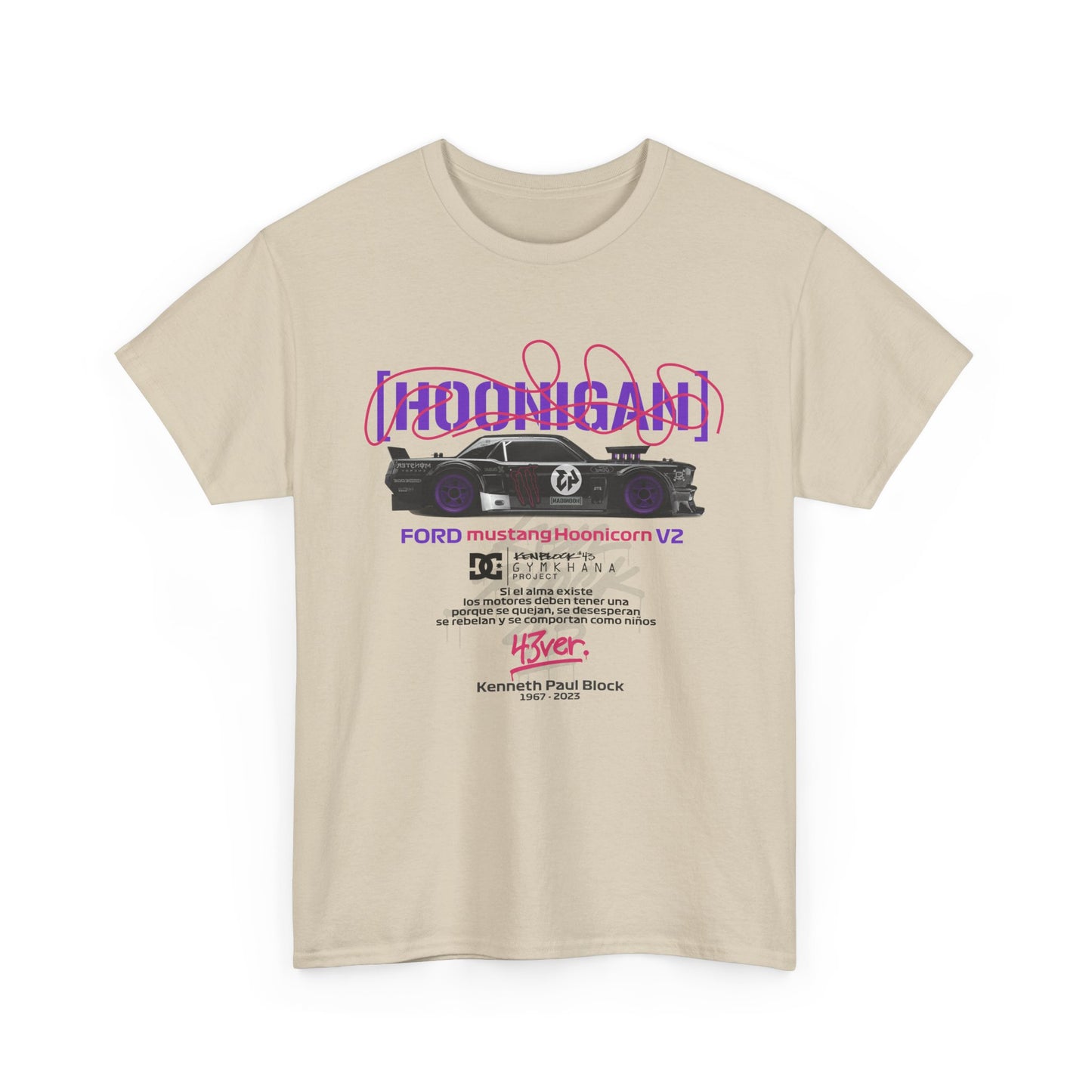 Front view of a premium beige t-shirt featuring striking printed graphics that celebrate automotive culture and the famous Ford Mustang Hoonicon V2.