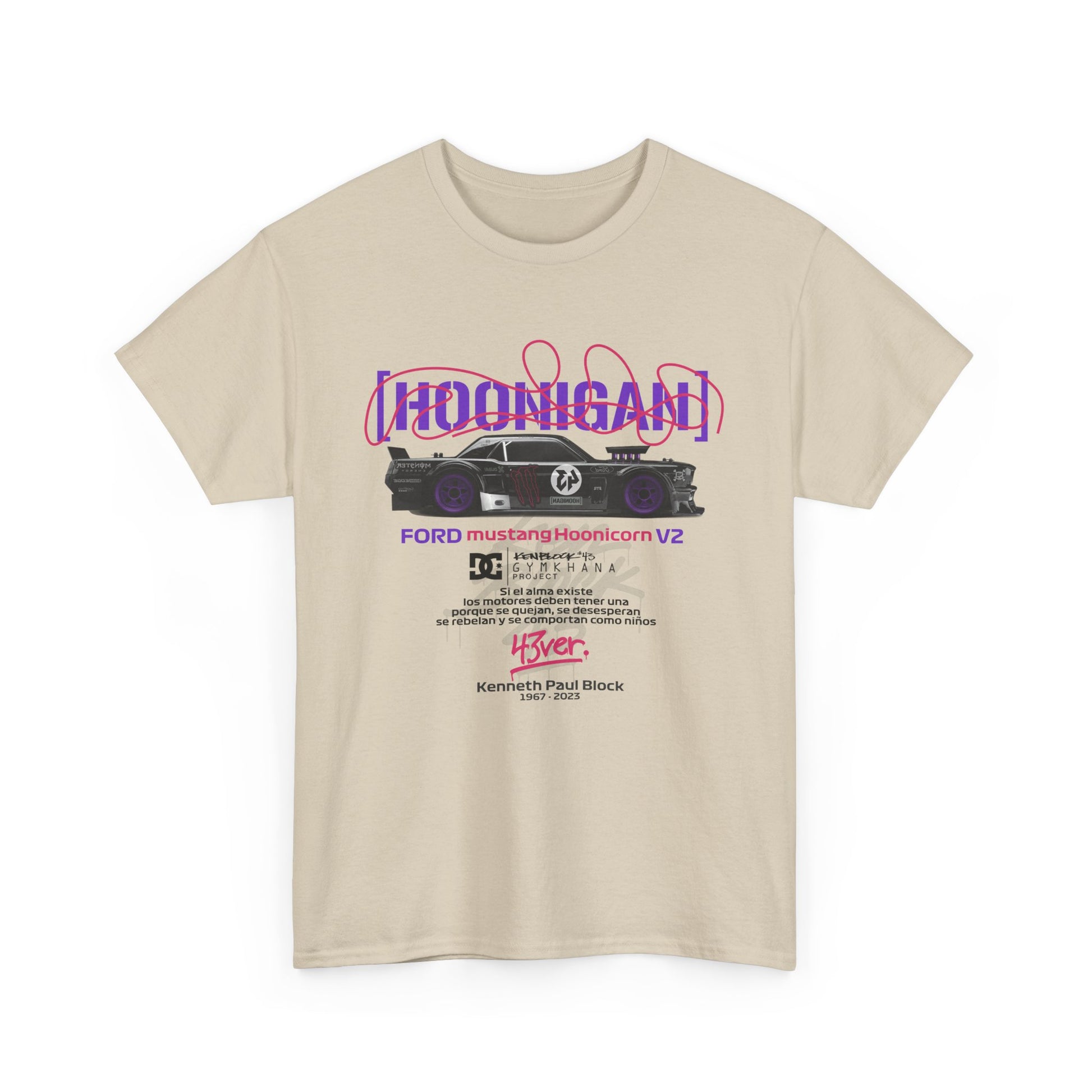 Front view of a premium beige t-shirt featuring striking printed graphics that celebrate automotive culture and the famous Ford Mustang Hoonicon V2.