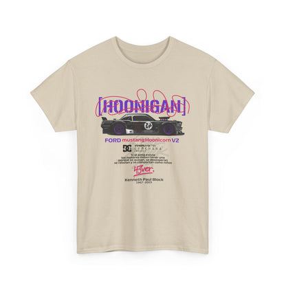 Front view of a premium beige t-shirt featuring striking printed graphics that celebrate automotive culture and the famous Ford Mustang Hoonicon V2.
