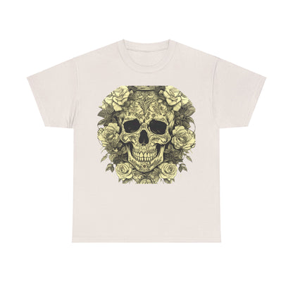Skulls and Roses Cotton Tee in cream; this sophisticated unisex graphic shirt showcases a stunning skull design entwined with roses, perfect for any bold wardrobe.