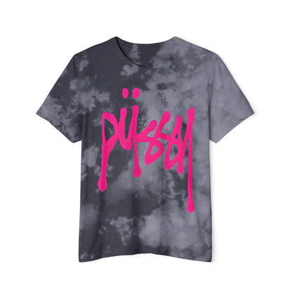 Chic tie-dye women’s t-shirt adorned with a striking hot pink graphic, embodying modern streetwear style and playful elegance.