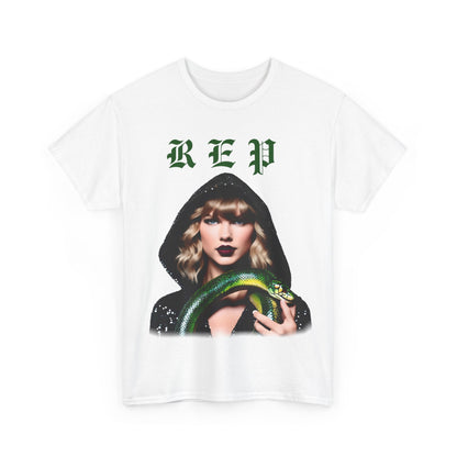 Taylor Swift Reputation Era t-shirt design featuring a striking image of Taylor holding a green snake, available in multiple colours, an exquisite choice for Swifties.