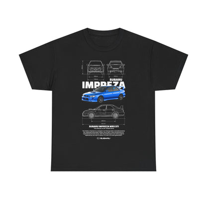 Sophisticated black men's t-shirt displaying an intricate illustration of the Subaru Impreza WRX STI, highlighting its architectural features and technical drawings, ideal for stylish car lovers.