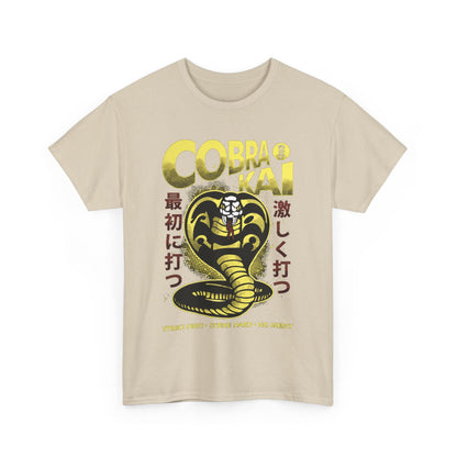 Chic Cobra Kai graphic T-shirt displayed prominently, showcasing the iconic Cobra emblem and stylish text, perfect for fashion-forward fans of the series.