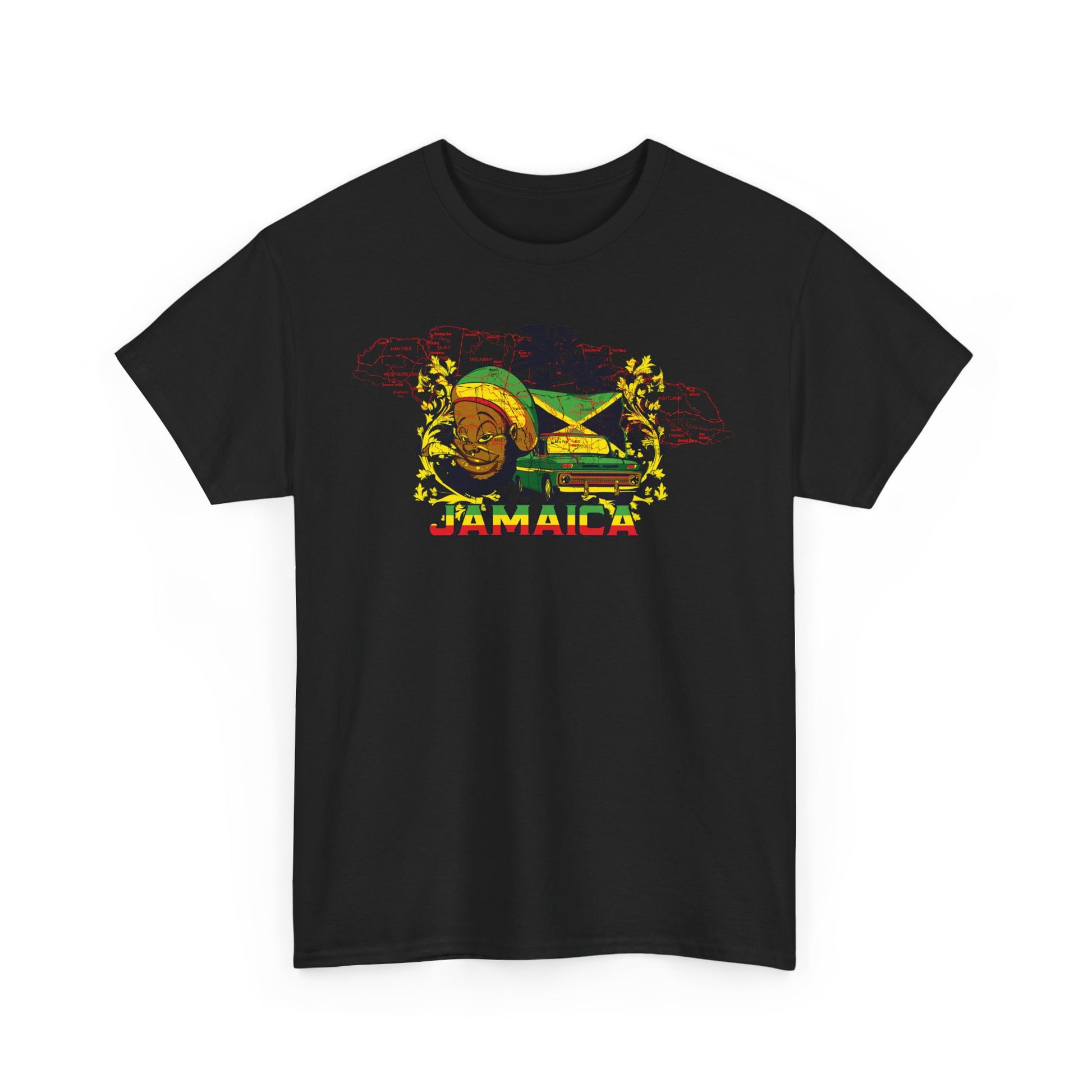 Stylish black t-shirt for men adorned with a vibrant Jamaica graphic, blending artistry with culture, perfect for fashion-forward individuals.