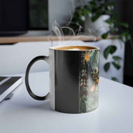 Discworld Mort Heat Change Coffee Mug with steaming hot beverage, displaying striking design elements and ergonomic handle, illustrating exquisite porcelain quality tailored for aficionados.
