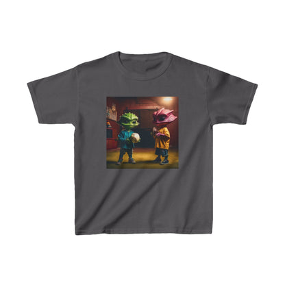 Kids Cute Aliens Heavy Cotton Tee featuring charming alien motifs, designed for comfort and style in a sophisticated charcoal hue.