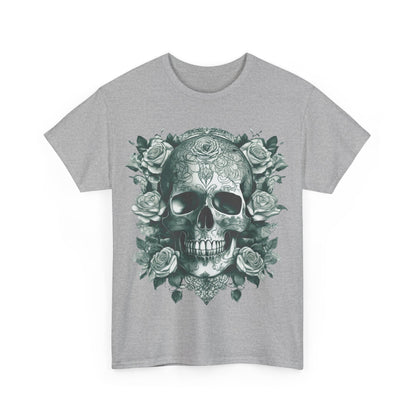 Front view of the Skulls and Roses Cotton Tee in grey, featuring an elegant skull and rose graphic that signifies a blend of edginess and sophistication.