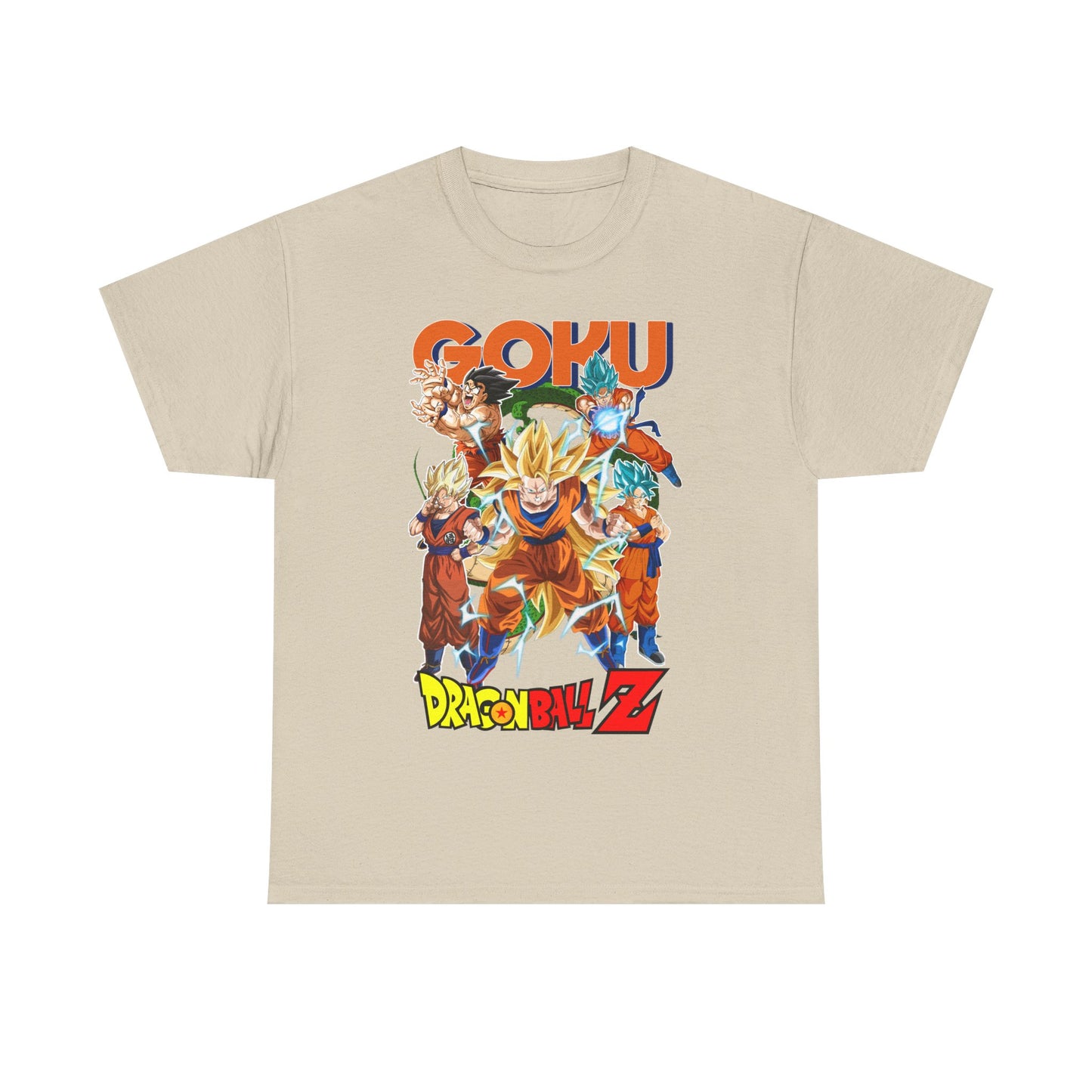 Elegant GOKU Power Surge T-Shirt in a sophisticated beige shade, adorned with stunning Dragon Ball Z artwork, capturing Goku’s strength and energy, perfect for anime enthusiasts.